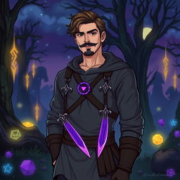 A male character depicted as a rogue and mage, wearing a grey tunic adorned with two purple daggers