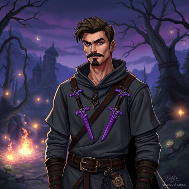 A male character depicted as a rogue and mage, wearing a grey tunic adorned with two purple daggers