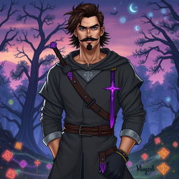 A male character depicted as a rogue and mage, wearing a grey tunic adorned with two purple daggers