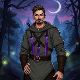 A male character depicted as a rogue and mage, wearing a grey tunic adorned with two purple daggers