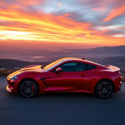 A sleek, modern sports car parked on a scenic overlook, showcasing its glossy red paint that gleams in the sunlight