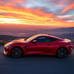 A sleek, modern sports car parked on a scenic overlook, showcasing its glossy red paint that gleams in the sunlight