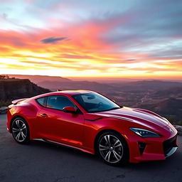 A sleek, modern sports car parked on a scenic overlook, showcasing its glossy red paint that gleams in the sunlight