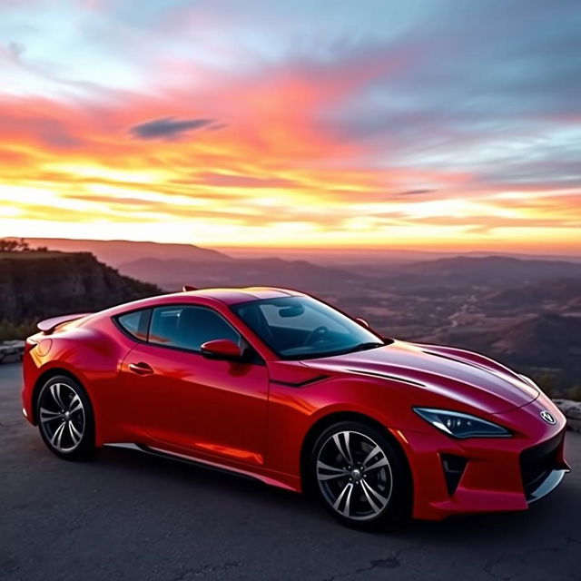 A sleek, modern sports car parked on a scenic overlook, showcasing its glossy red paint that gleams in the sunlight