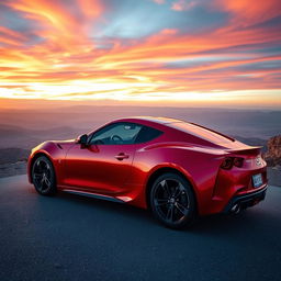 A sleek, modern sports car parked on a scenic overlook, showcasing its glossy red paint that gleams in the sunlight