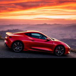 A sleek, modern sports car parked on a scenic overlook, showcasing its glossy red paint that gleams in the sunlight