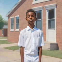 A colorful children's book-style sketch showcasing a young African American boy in white attire, standing alone and sad outside his school building, radiating a distinct sense of solitude.