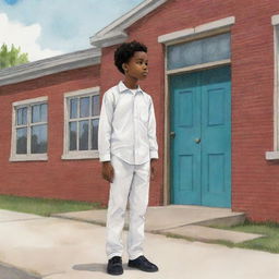 A colorful children's book-style sketch showcasing a young African American boy in white attire, standing alone and sad outside his school building, radiating a distinct sense of solitude.