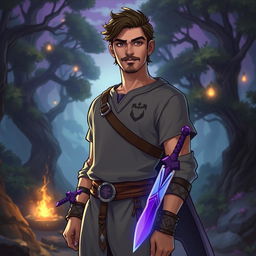 A 24-year-old male character depicted as a rogue and mage, with tanned skin, wearing a grey tunic adorned with two purple daggers