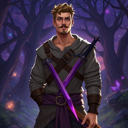 A 24-year-old male character depicted as a rogue and mage, with tanned skin, wearing a grey tunic adorned with two purple daggers