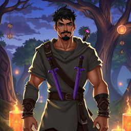 A 24-year-old male character depicted as a rogue and mage, with tanned skin, wearing a grey tunic adorned with two purple daggers