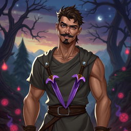 A 24-year-old male character depicted as a rogue and mage, with tanned skin, wearing a grey tunic adorned with two purple daggers