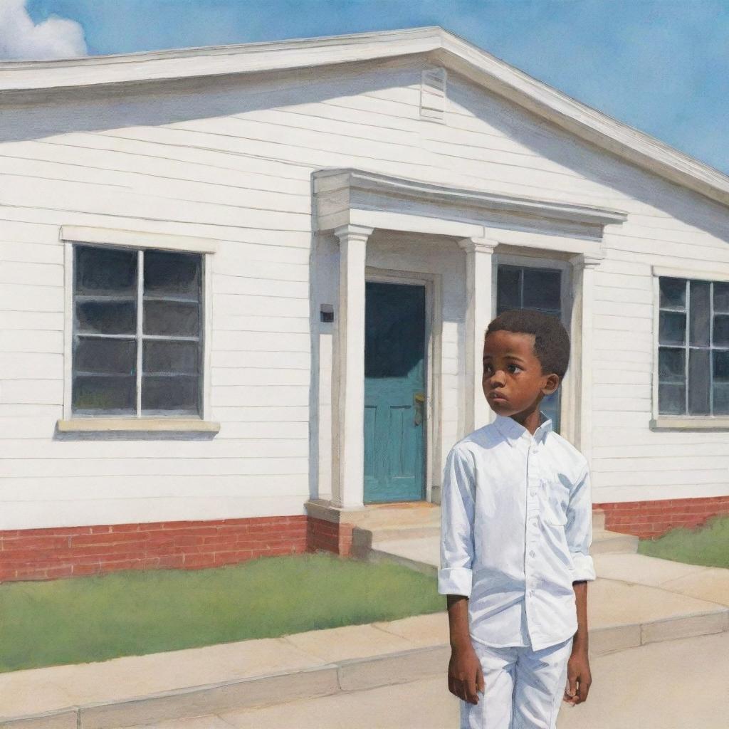 A colorful children's book-style sketch showcasing a young African American boy in white attire, standing alone and sad outside his school building, radiating a distinct sense of solitude.