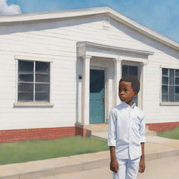 A colorful children's book-style sketch showcasing a young African American boy in white attire, standing alone and sad outside his school building, radiating a distinct sense of solitude.