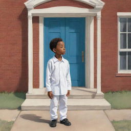 A colorful children's book-style sketch showcasing a young African American boy in white attire, standing alone and sad outside his school building, radiating a distinct sense of solitude.