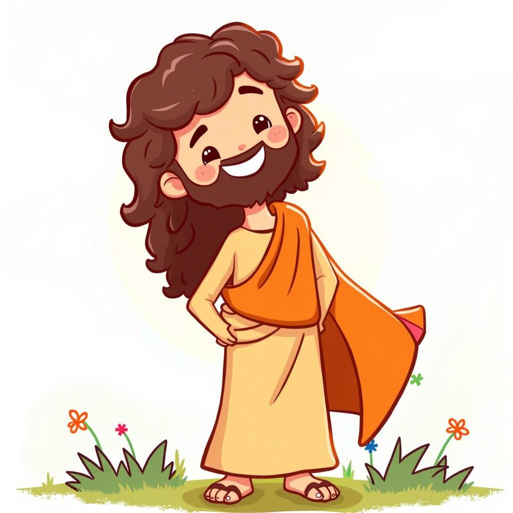 A cheerful, cartoon-style character with curly hair and a beard, wearing a simple garment with an orange sash