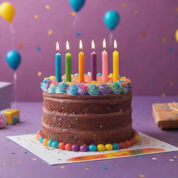 A vibrant birthday greeting card consist of a brightly-lit birthday cake with colorful candles, surrounded by presents and confetti.