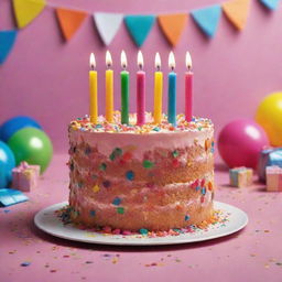 A vibrant birthday greeting card consist of a brightly-lit birthday cake with colorful candles, surrounded by presents and confetti.