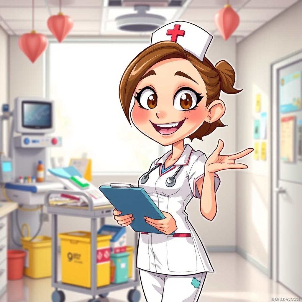 A playful and humorous depiction of a nurse with an exaggerated Ahegao face, featuring wide eyes and a blissful expression