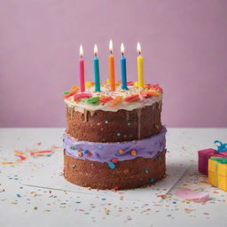 A vibrant birthday greeting card consist of a brightly-lit birthday cake with colorful candles, surrounded by presents and confetti.