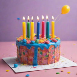 A vibrant birthday greeting card consist of a brightly-lit birthday cake with colorful candles, surrounded by presents and confetti.