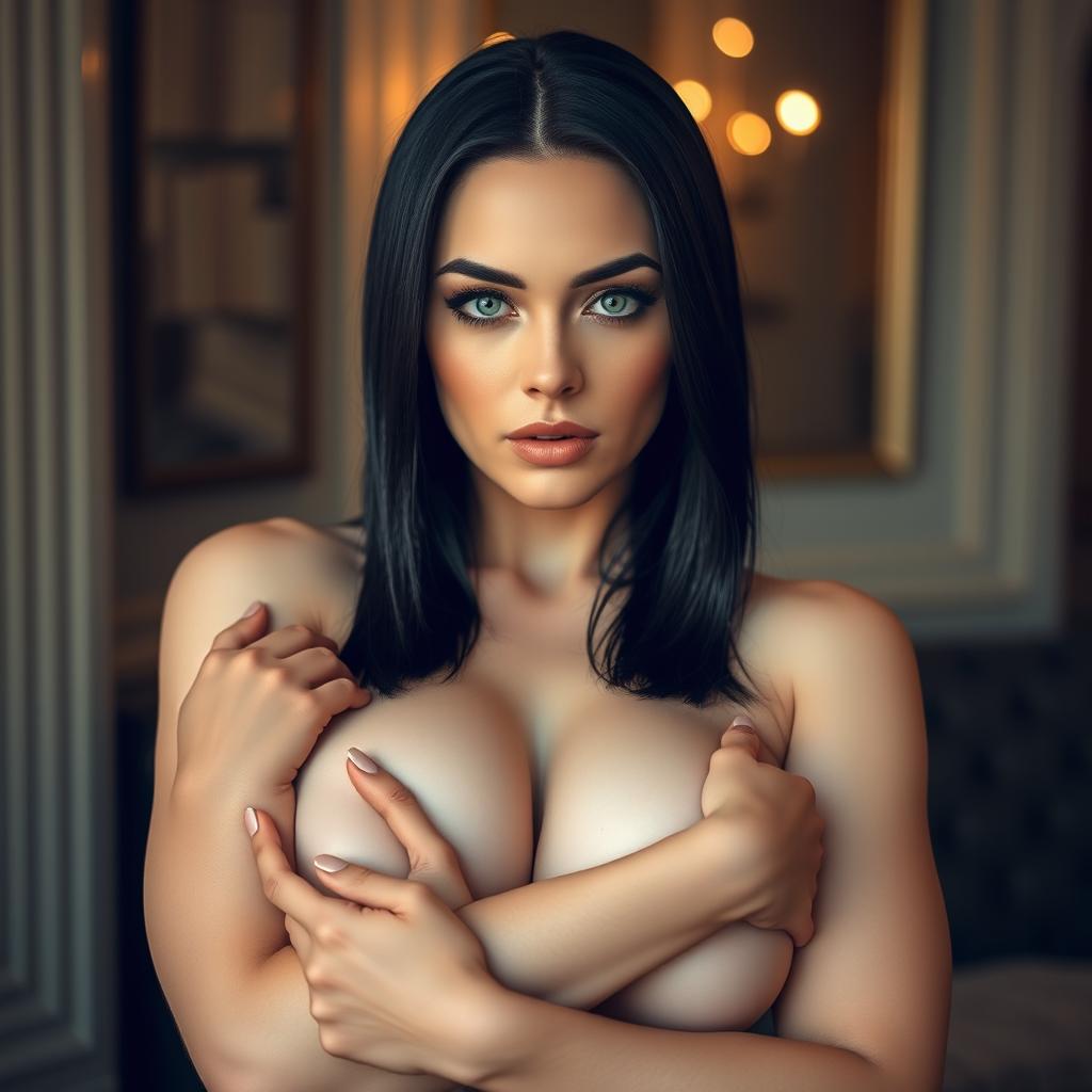 A captivating adult woman with smooth white skin and curvy features, showcasing big breasts as she holds them confidently, creating a striking visual