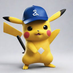 A cute and powerful Pikachu wearing a stylish cap, expertly wielding a shiny, sharp katana.