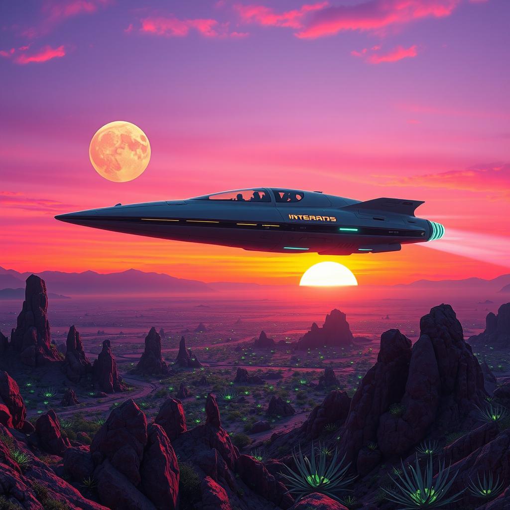 A futuristic scene featuring a sleek, high-tech spaceship hovering above a vivid alien landscape at dusk