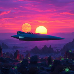 A futuristic scene featuring a sleek, high-tech spaceship hovering above a vivid alien landscape at dusk