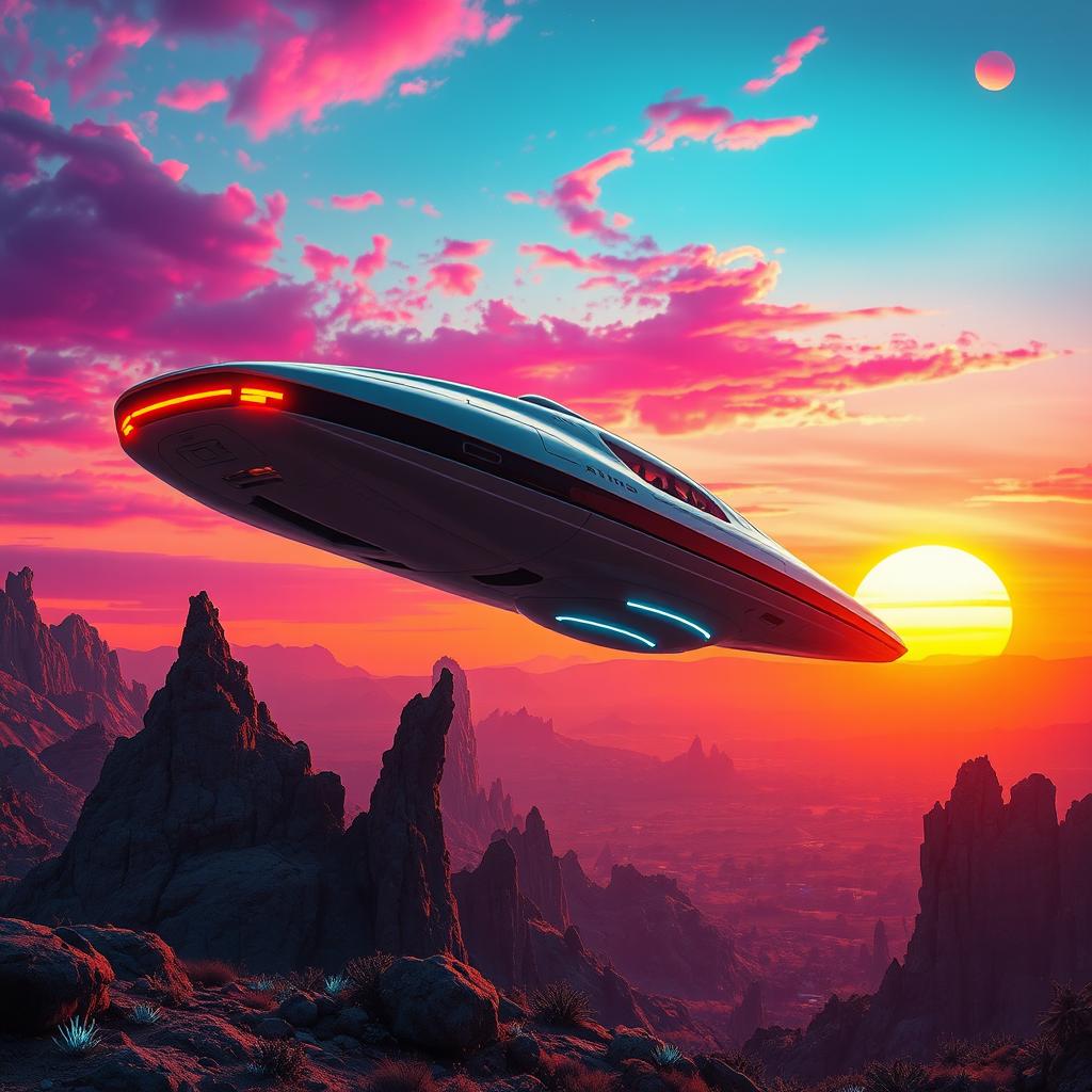 A futuristic scene featuring a sleek, high-tech spaceship hovering above a vivid alien landscape at dusk