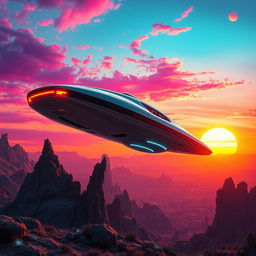 A futuristic scene featuring a sleek, high-tech spaceship hovering above a vivid alien landscape at dusk