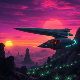 A futuristic scene featuring a sleek, high-tech spaceship hovering above a vivid alien landscape at dusk