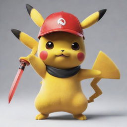 A cute and powerful Pikachu wearing a stylish cap, expertly wielding a shiny, sharp katana.