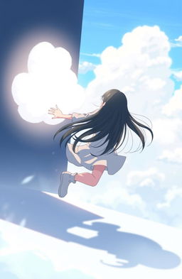 A girl with long, straight black hair, running out of a shadow towards a bright white cloud, stretching out her arm in an expressive gesture