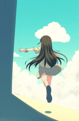 A girl with long, straight black hair, running out of a shadow towards a bright white cloud, stretching out her arm in an expressive gesture