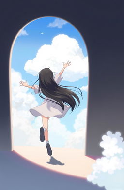 A girl with long, straight black hair, running out of a shadow towards a bright white cloud, stretching out her arm in an expressive gesture