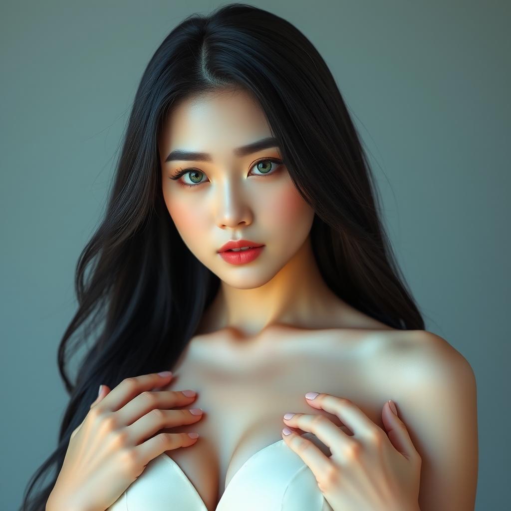 A beautiful Korean woman with delicate white skin, confidently displaying her big breasts as she holds them gracefully