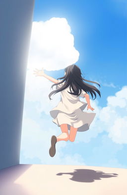 A girl with long, straight black hair, running out of a shadow towards a bright white cloud, stretching out her arm in an expressive gesture