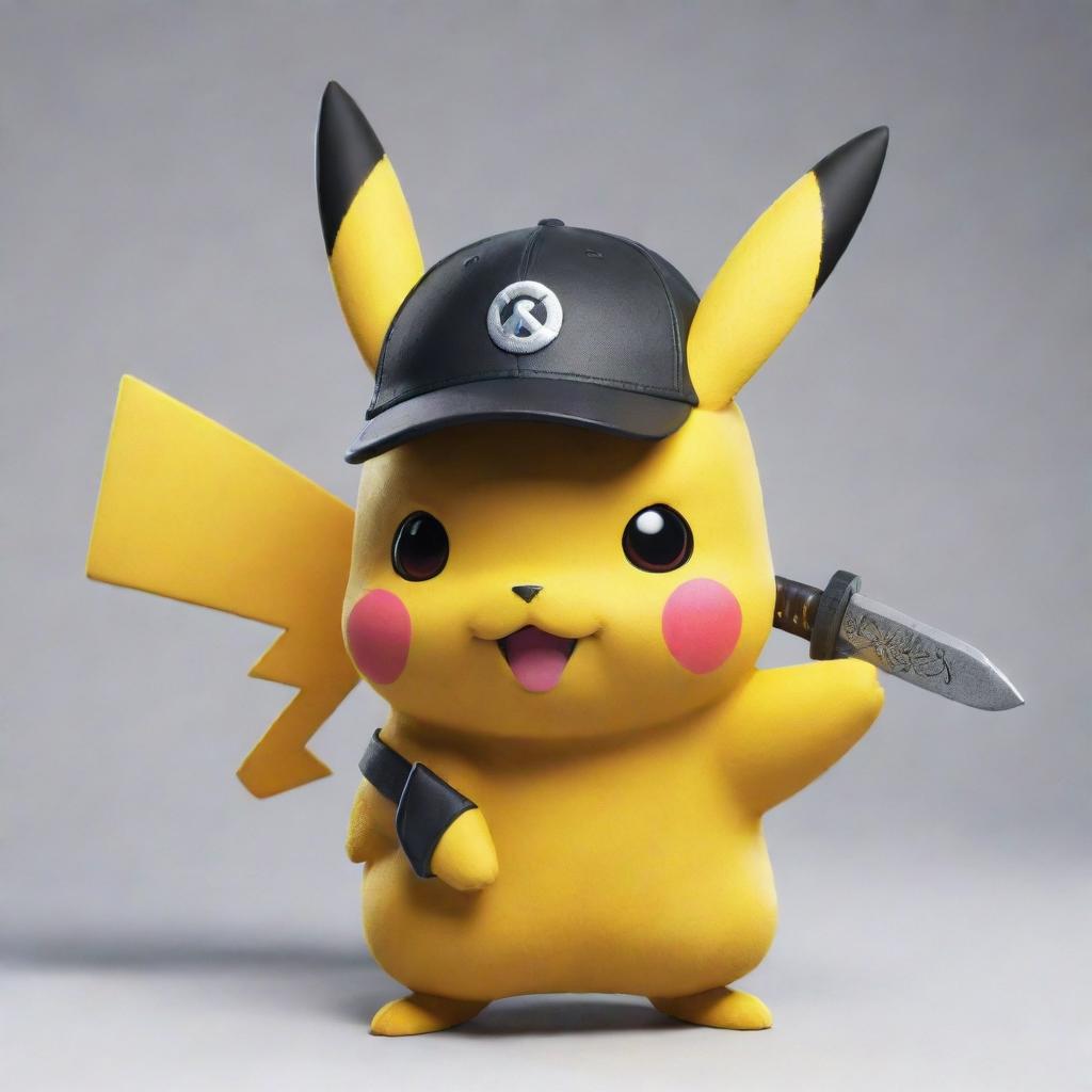 A cute and powerful Pikachu wearing a stylish cap, expertly wielding a shiny, sharp katana.