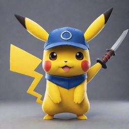 A cute and powerful Pikachu wearing a stylish cap, expertly wielding a shiny, sharp katana.