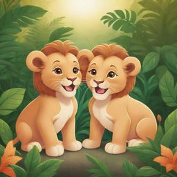 Two cartoon-style baby lions engaged in a conversation, surrounded by vivid wild jungle foliage under the radiant sun.