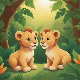 Two cartoon-style baby lions engaged in a conversation, surrounded by vivid wild jungle foliage under the radiant sun.