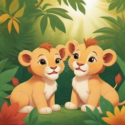 Two cartoon-style baby lions engaged in a conversation, surrounded by vivid wild jungle foliage under the radiant sun.