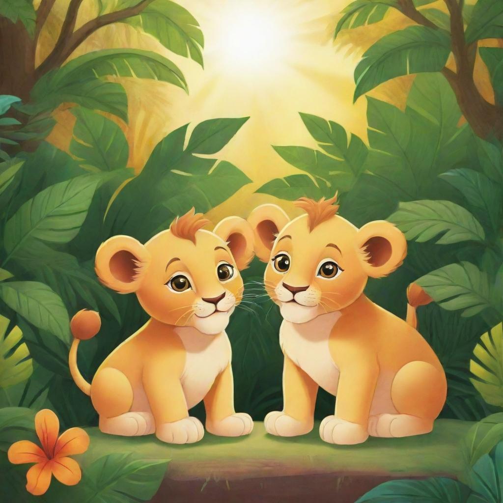 Two cartoon-style baby lions engaged in a conversation, surrounded by vivid wild jungle foliage under the radiant sun.