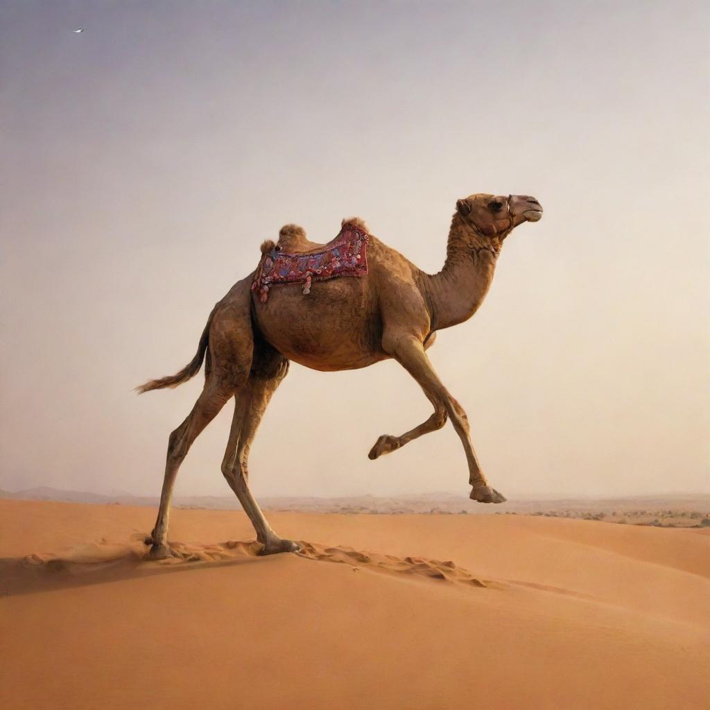 A camel flying in the desert, reciting a poem, with radiant beauty.