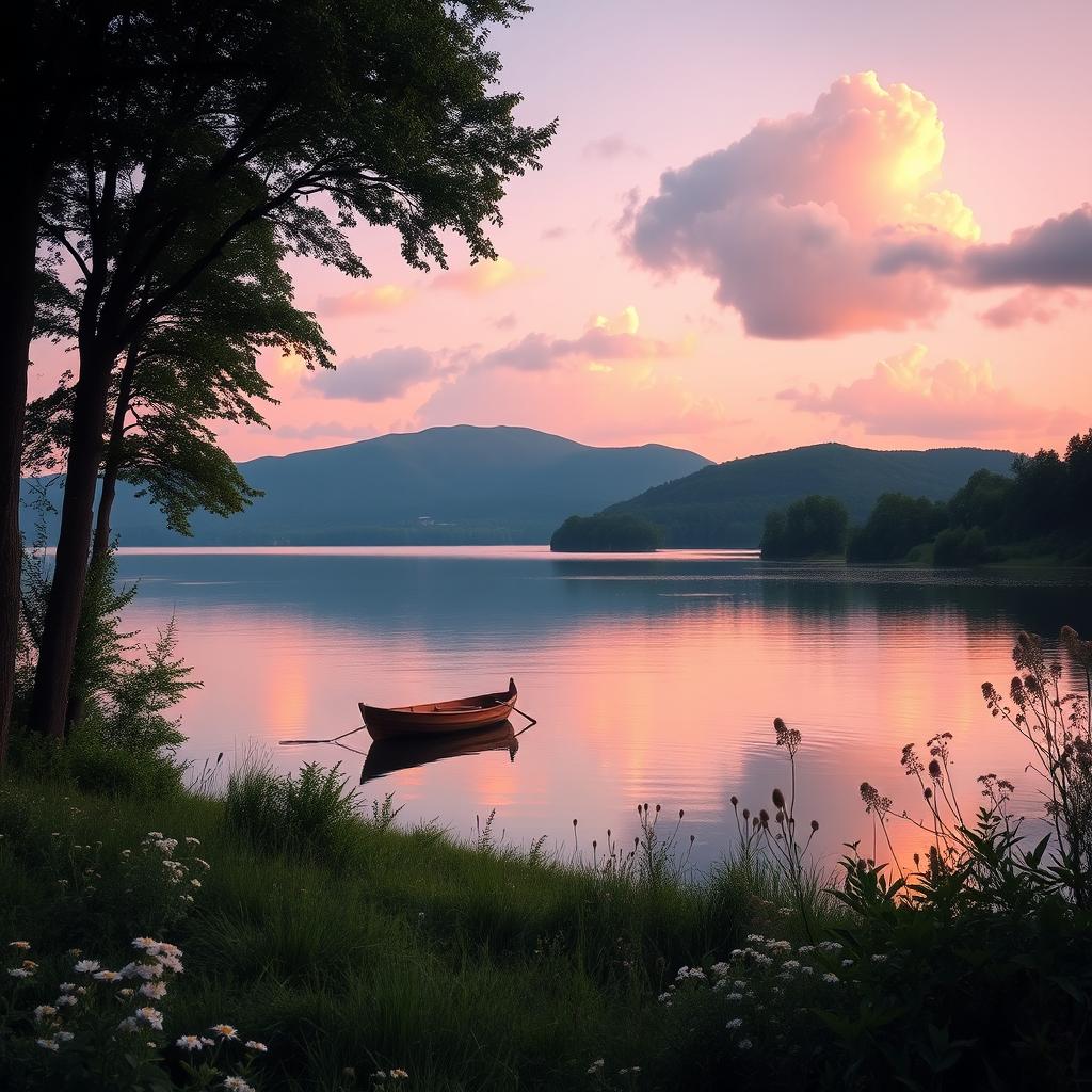 A tranquil lake landscape during sunset, with soft pastel colors reflecting on the water