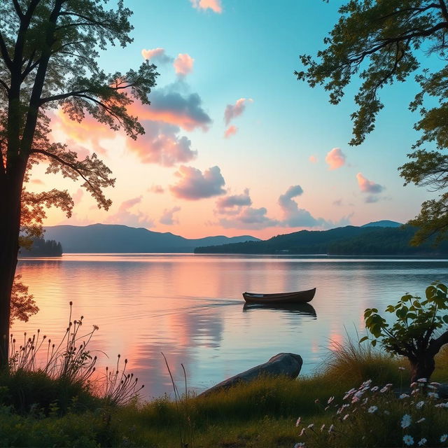 A tranquil lake landscape during sunset, with soft pastel colors reflecting on the water