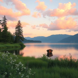 A tranquil lake landscape during sunset, with soft pastel colors reflecting on the water