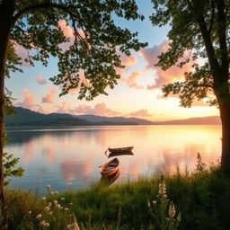 A tranquil lake landscape during sunset, with soft pastel colors reflecting on the water