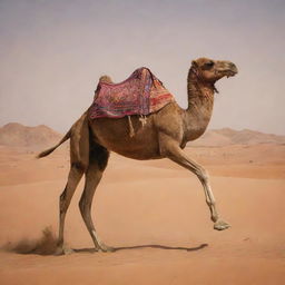 A camel flying in the desert, reciting a poem, with radiant beauty.